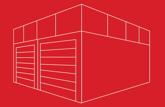 Weiße Strichzeichnung auf rotem Hintergrund. Sie zeigt eine Garage mit Terrassenlösung auf dem Dach.